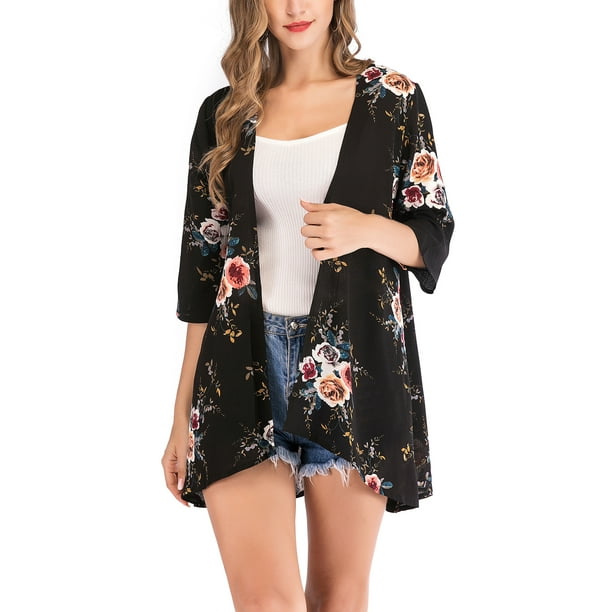 Womens 3 4 Sleeve Kimono Casual Floral Cardigan Open Draped Front Cover Up Tops